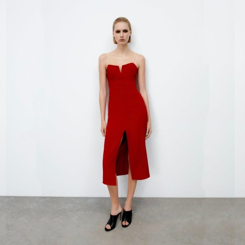 NWT ZARA Slip Dress w Pearl Straps Notched Slit Front Midi Red XS #A1289